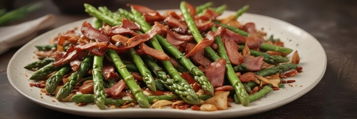 asparagus stir-fry with crispy bacon on a plate,  healthy,  food