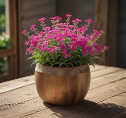Blooming verbena flower arrangement in a distressed wood vase on a garden table,  floral,  natural