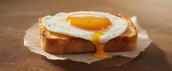 A perfectly cooked fried egg on top of a slice of crispy fried bread ,  fried bread,  plate