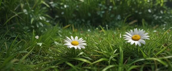 A daisy nestled among lush green grass and leaves,  nature,  outdoors