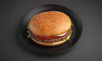 burger on black plate isolated white background top down view,  kitchen,  white plate