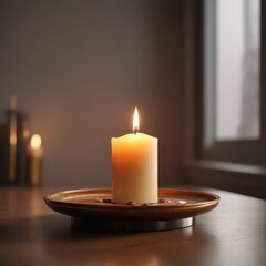 burning candle on cylindrical plate indoors during daytime,  ambiance,  light