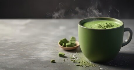 A steaming hot matcha powder with milk and ice cubes in a cup,  tea,  green