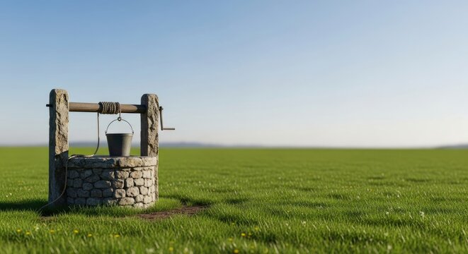 An old stone well with a bucket hanging from a rope in a green field with a clear blue sky.