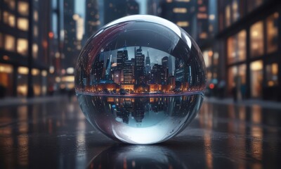 Dark cityscape reflected in crystal ball sphere,  urban,  night