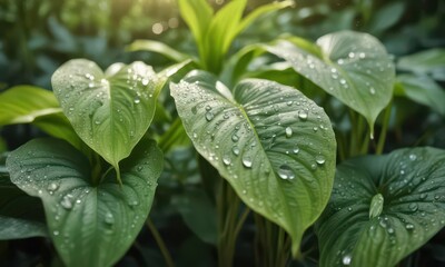 Delicate dew drops glisten on hosta plant leaves in morning sunlight ,  outdoor,  garden