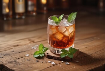 Cognac cocktail with crushed ice and a sprig of mint on a wooden bar,  wood,  crushed ice