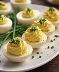 Deviled eggs garnished with fresh chives on a platter ,  finger food,  chives