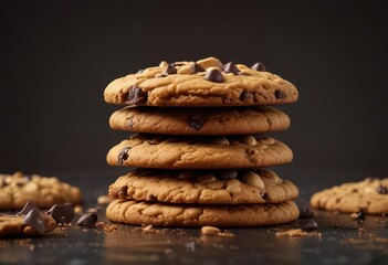 Delicious golden brown cookies stacked on dark background with melted chocolate chips ,  yum,  texture