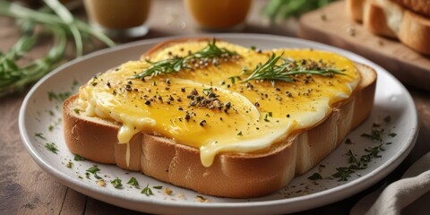 Egg toast on a plate with melted kaya butter, topped with toasted sesame seeds and fresh herbs  ,  butter,  herbs