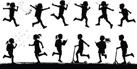 Vector silhouette set of happy children playing, running, jumping, riding scooters, blowing bubbles, and reading books, black shapes isolated on white background for school design.
