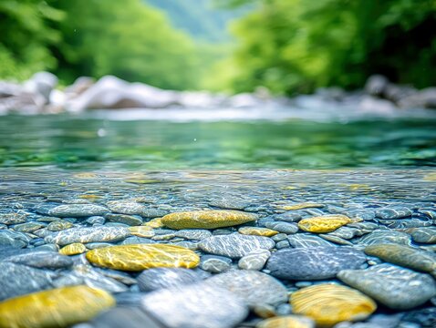A close-up, low-angle view of a clear river with smooth, colorful stones visible beneath the surface, surrounded by lush green foliage.