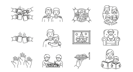 Collection of simple black and white line art icons depicting various family, friendship, and social activities, isolated on transparent background