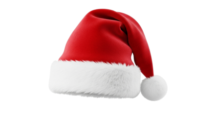 Classic red and white plush santa claus hat with a fluffy pompom, isolated on transparent background