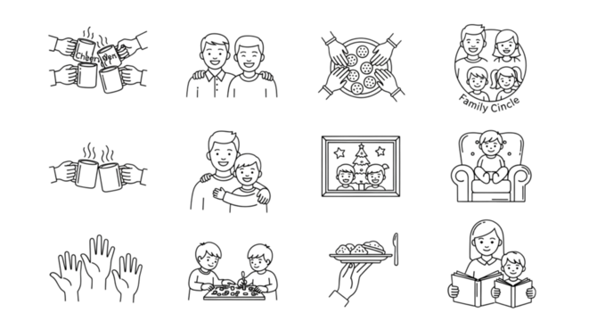 Collection of simple black and white line art icons depicting various family, friendship, and social activities, isolated on transparent background