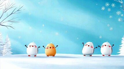 Four adorable cartoon birds, three penguins and one chick, stand in a snowy landscape with their arms raised in celebration.