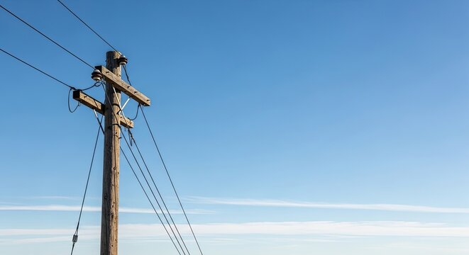 A wooden telephone pole with power lines against a clear blue sky.