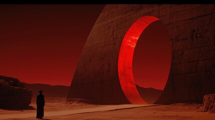 Mysterious Red Portal in Desert Landscape with Surreal Atmosphere