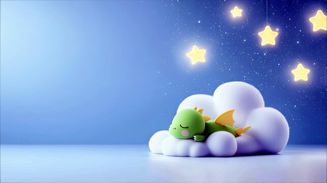 A small, green dragon with yellow wings sleeps peacefully on a fluffy white cloud, surrounded by a dark blue night sky filled with twinkling stars and glowing y