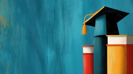 Graduation Cap on Books in Artistic Classroom Background