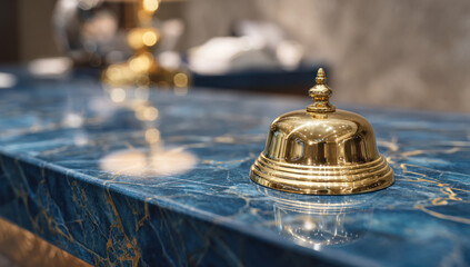 A shiny golden service bell sits on a blue marble counter, ready to be rung for assistance in a hotel or other establishment.