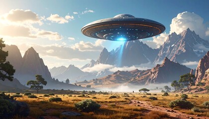 A metallic spacecraft hovers over a mountainous landscape with a field and sparse trees under a blue sky