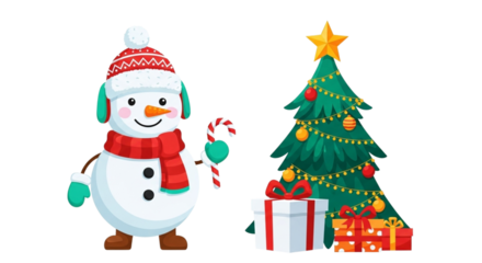 Cute cartoon snowman wearing a red and white hat and scarf holding a candy cane next to a decorated christmas tree with presents isolated on transparent background