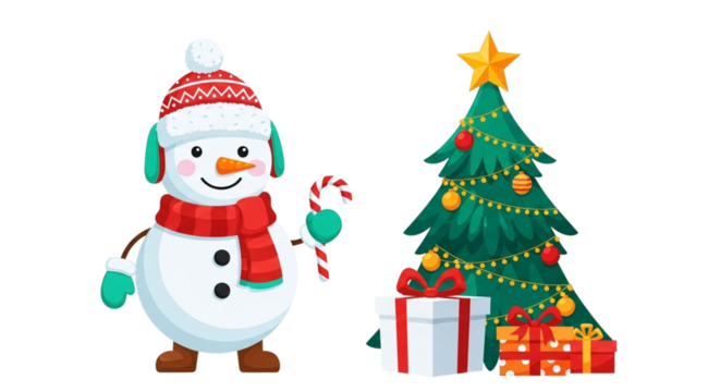 Cute cartoon snowman wearing a red and white hat and scarf holding a candy cane next to a decorated christmas tree with presents isolated on transparent background