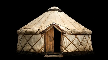 Traditional Yurt Structure with Rustic Wooden Door and Canvas Roof