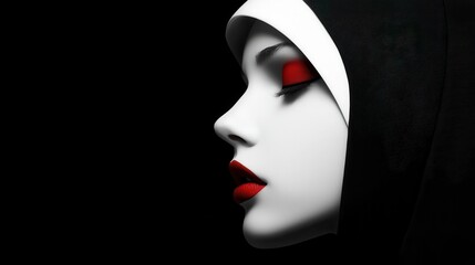 Elegant Profile of a Woman in Religious Veil and Red Makeup