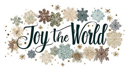 Joy the world text surrounded by snowflakes and gold glitter on a white background for christmas