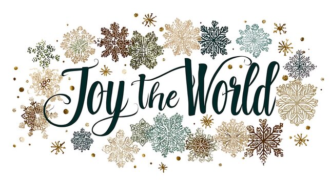 Joy the world text surrounded by snowflakes and gold glitter on a white background for christmas - Powered by Adobe