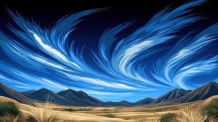 Serene Desert Landscape with Dramatic Blue Sky and Mountain View