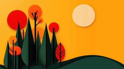 Abstract Autumn Landscape with Colorful Trees and Bright Sun