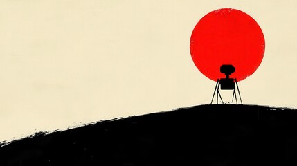 Silhouette of Camera on Tripod Against Red Sun Background