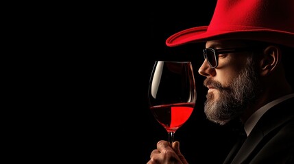 Stylish Man in Red Hat Holding Glass of Red Wine in Dramatic Light