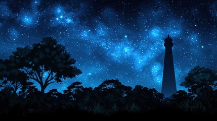 Serene Night Sky with Stars and Silhouette of a Towering Structure