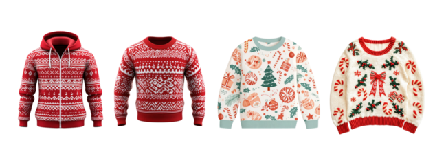 Collection of Christmas sweaters with different patterns and colors.