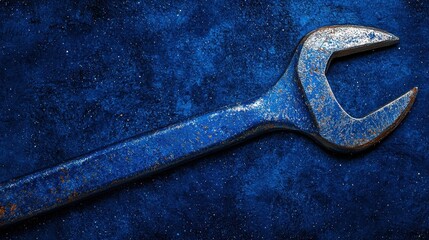 Rusty Blue Wrench on Dark Background with Textured Surface
