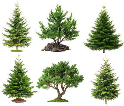 Collection of different types of pine trees with varying shapes and sizes.