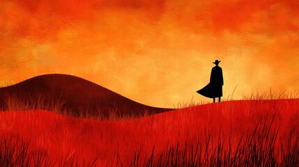 Silhouette of a Lone Figure against a Dramatic Red Sunset Sky