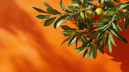 Fresh Green Olives and Leaves on Vibrant Orange Background