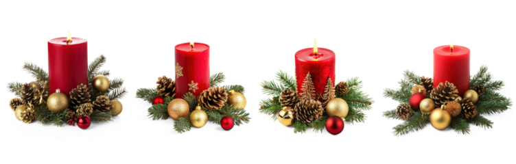 Collection of red candles with gold and silver ornaments on a white background.