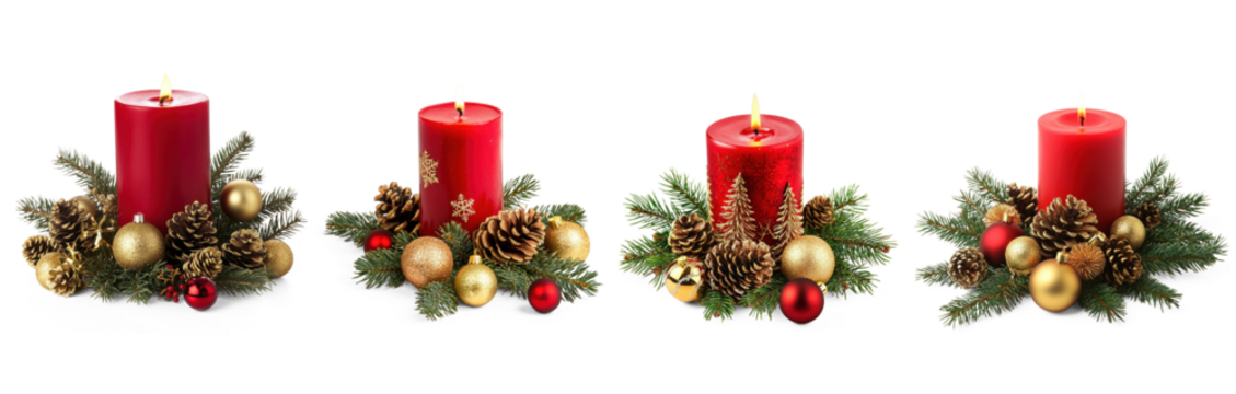 Collection of red candles with gold and silver ornaments on a white background.