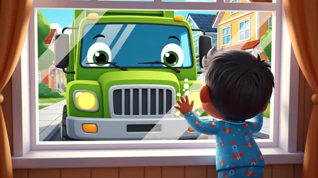 Child Watching Garbage Truck from Home Window