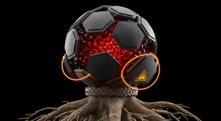 Futuristic soccer ball with warning sign revealing a glowing red core symbolizing risk and innovation on black backdrop