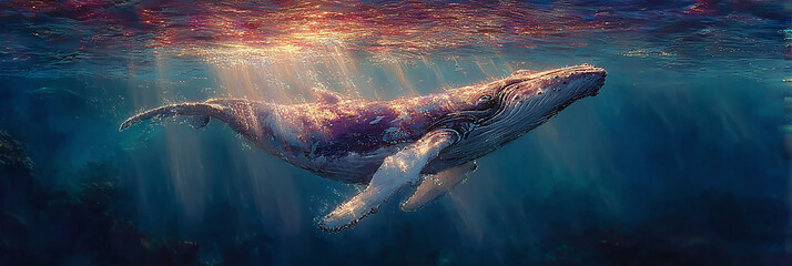 Fototapeta premium Majestic Humpback Whale Glides Gracefully Through Sunlit Ocean Waters Below the Surface