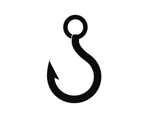 Black and white illustration of a curved metal hook, perfect for catching fish