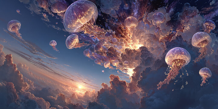 Heavenly Jellyfish Bloom A Dreamlike Underwater Skyward Migration Above the Horizon at Sunset