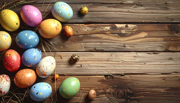 Colorful Easter eggs with speckled patterns arranged on rustic wood planks